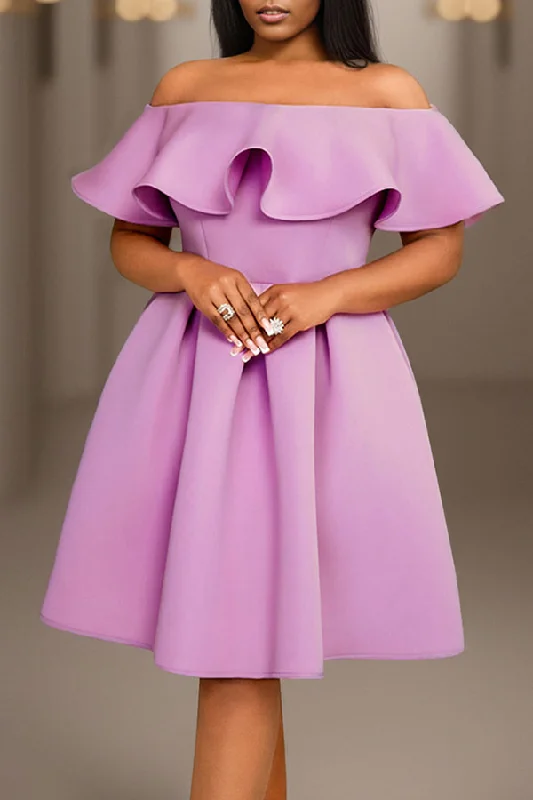 New Season Fashion Preview Sale Solid Color Ruffles Off Shoulder Stunning A-Line Midi Dress