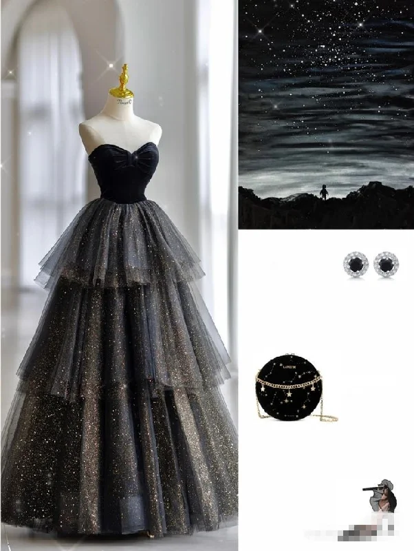 Attire Sale Shiny Black Sweetheart A-Line Tulle Long Formal Party Dress Evening Gown MD7534