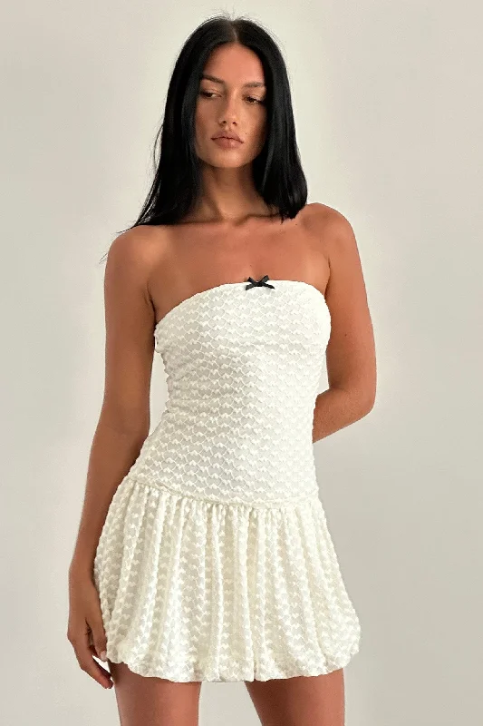 Effortless Comfort Mistee Bandeau Bubble Hem Mini Dress Lace Ivory