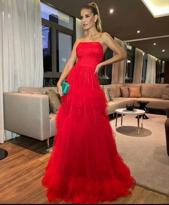 Explore What's New Strapless Red Tulle Long Evening Dress Sleeveless Formal Prom Dress  gh2829