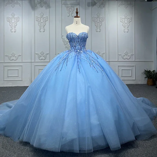 Unleash Your Fashion Shiny Ball Gown Blue Tulle A-Line Long Party Prom Dresses Evening Dress  MD7239