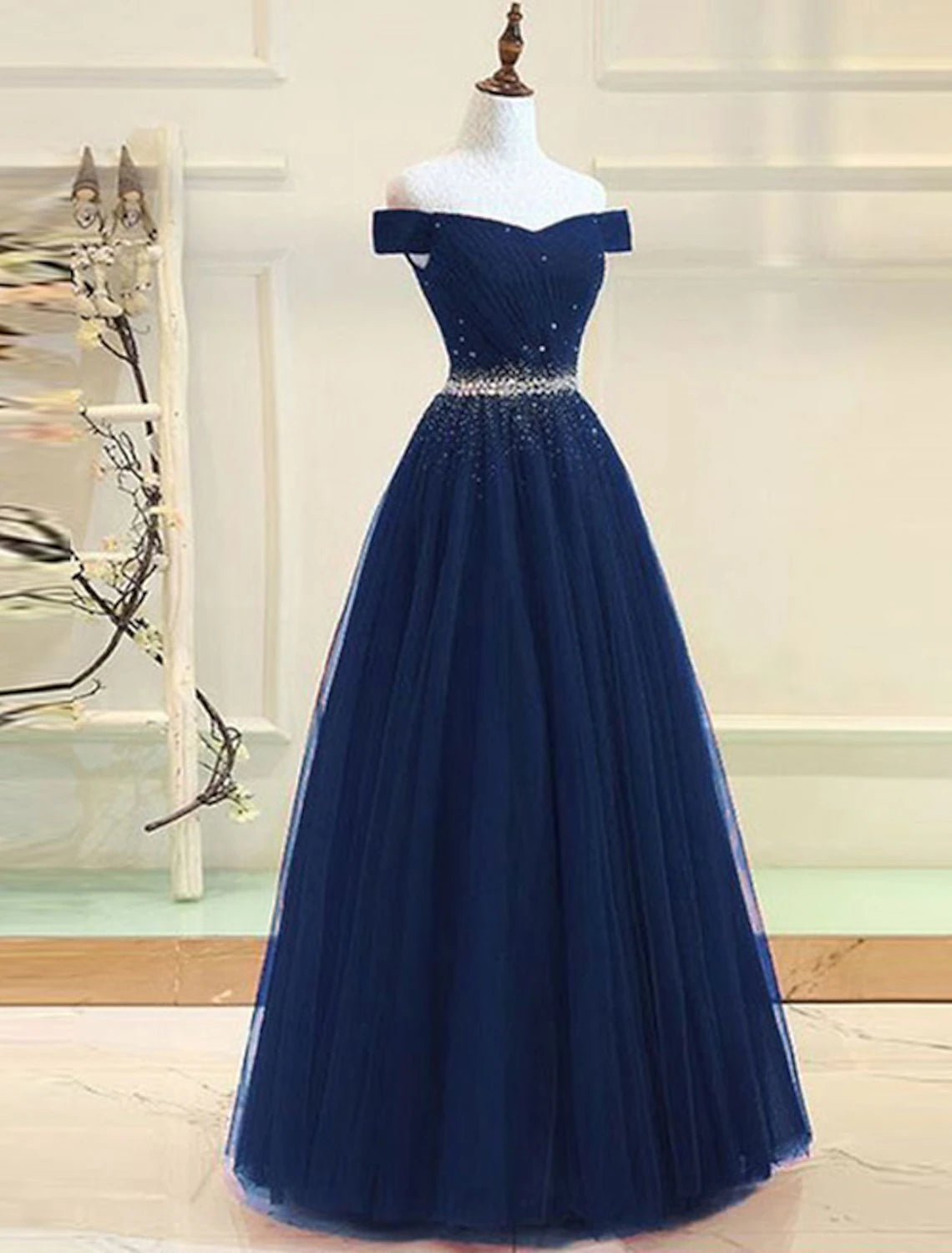 Fashion Sale A-Line Evening Gown Party Dress Party Wear Floor Length Short Sleeve One Shoulder Tulle with Beading