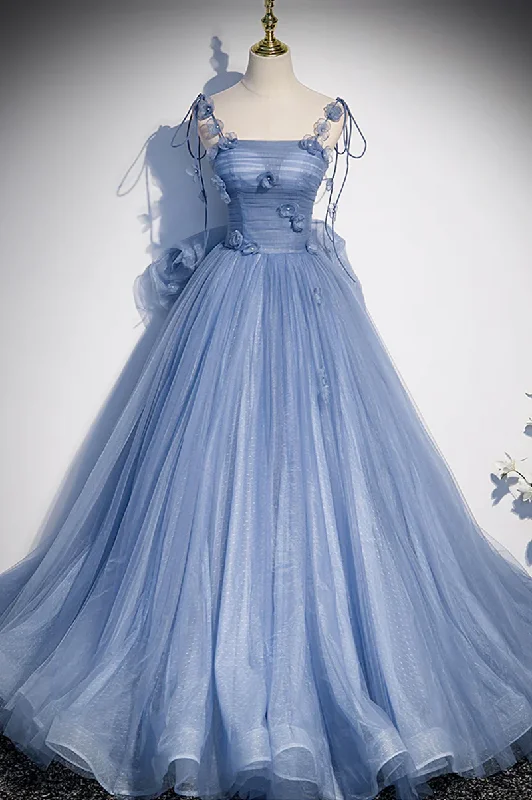 The Epitome Of Modern Women's Fashion Blue Straps Appliques A-Line Tulle Long Prom Gown with Big Bowknot MD7271