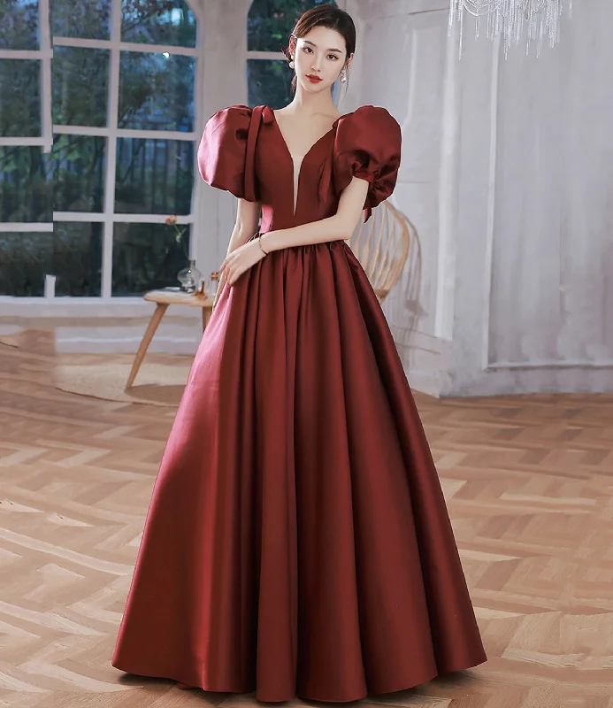 Limited Quantities Burgundy v neck satin long prom gown A line formal gown  10212