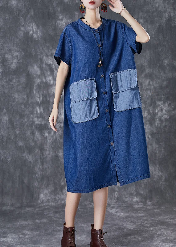 Rustic Countryside Charm Look Plus Size Navy Oversized Patchwork Pockets Denim Maxi Dresses Summer