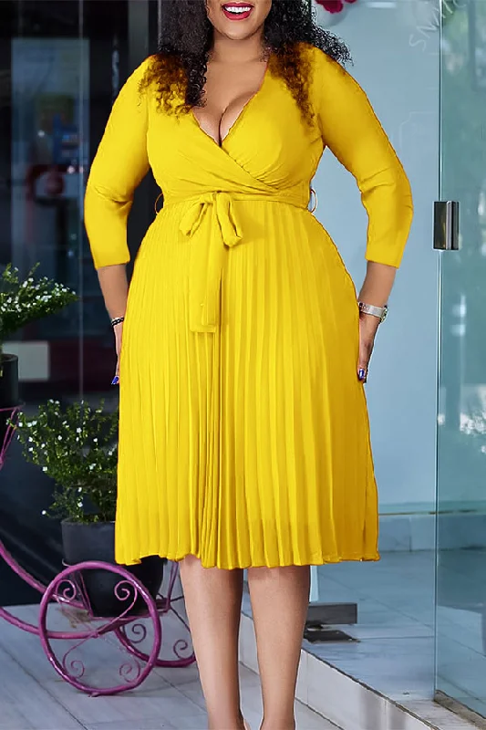 Special Offers, Don't Miss Solid Color Plunging Urban Belted Pleated Midi Dress