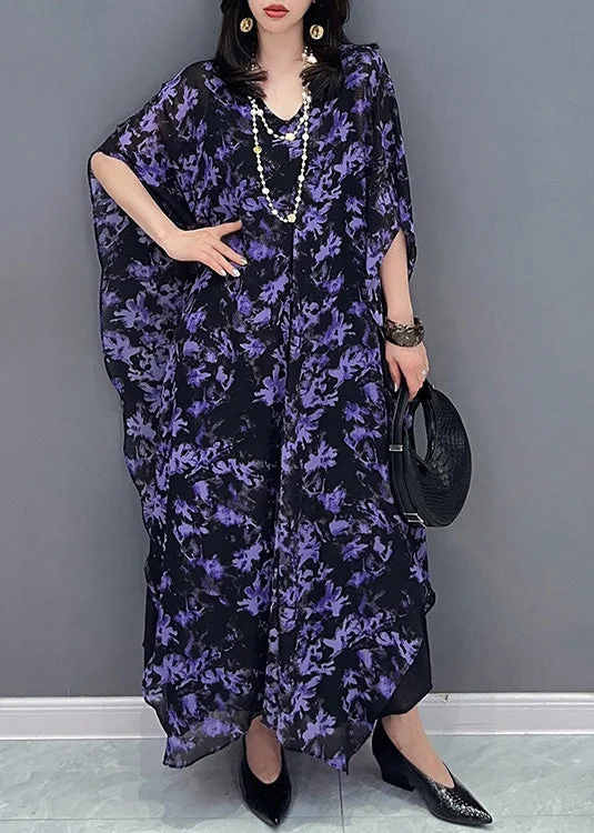 Trendy Pulse Loose Purple O-Neck Print Maxi Dress Summer