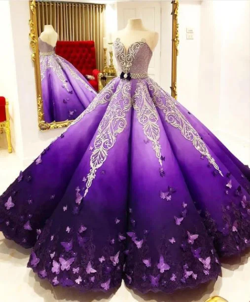 Comfort First Women's Fashion Purple long gorgeous sweetheart ball gown ball gown evening dress satin with applique train gh2020