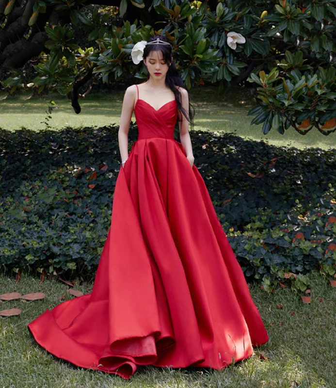 Romantic Detailing Red satin long prom dress A line evening dress  10567