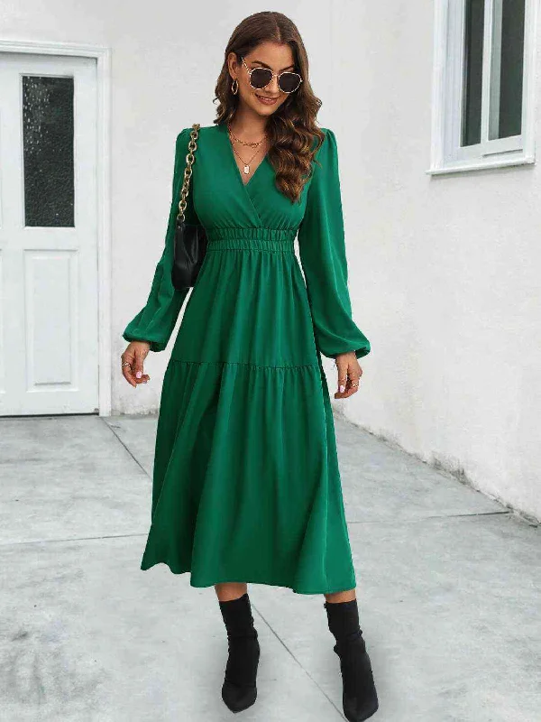 Luxury Fashion Surplice Neck Long Sleeve Midi Dress