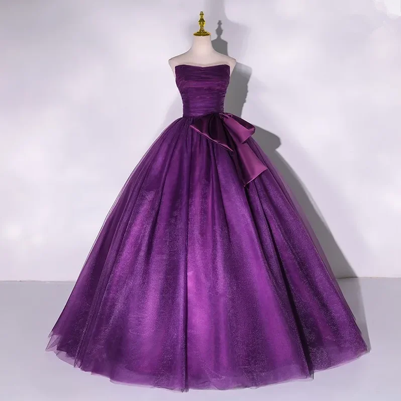 Women's Fashion Hotspots Purple Strapless A-Line Tulle Ball Gown Bowknot Formal Prom Dress MD7217