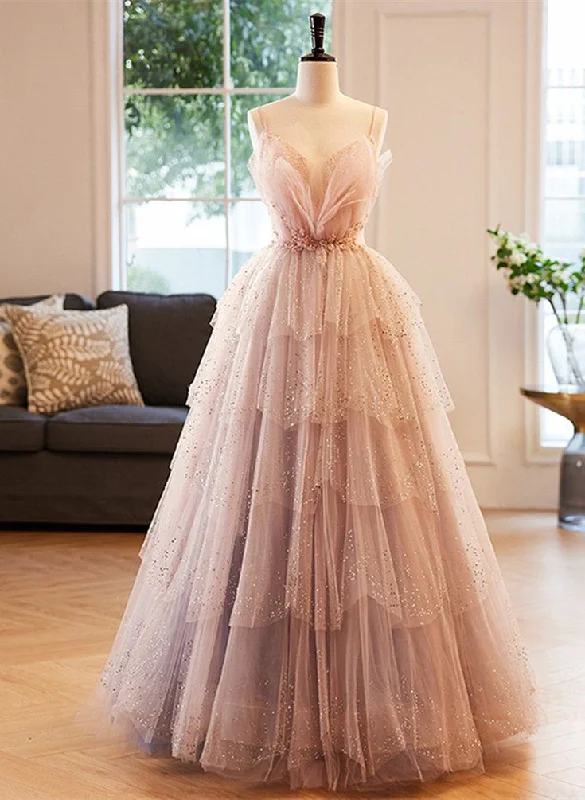 Step Ahead, Lead The Trend Stunning Pink Spaghetti Straps A-Line Long Prom Dress Evening Gown MD7333