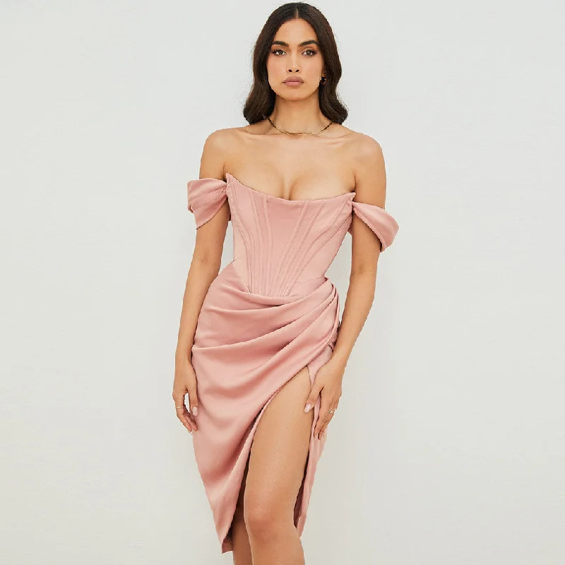 Cool Prices Silky Satin Off Shoulder High Slit Drape Corset Midi Dress - Pink