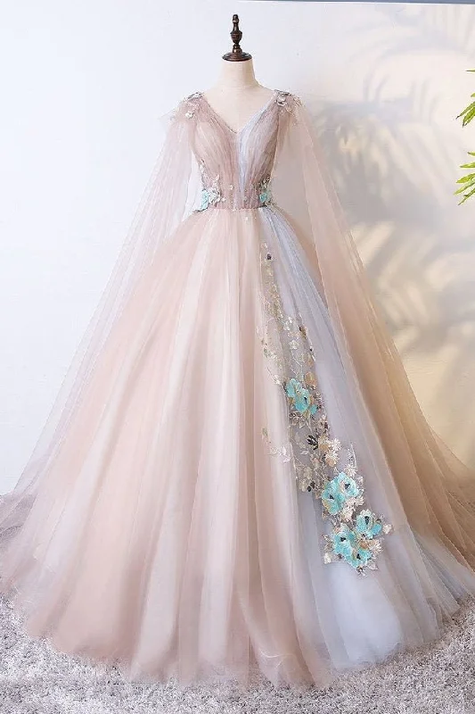 Chic Style Ball Gown V Neck Tulle Prom Dress with Appliques, Unique Floor Length Quinceanera Dresses M1864