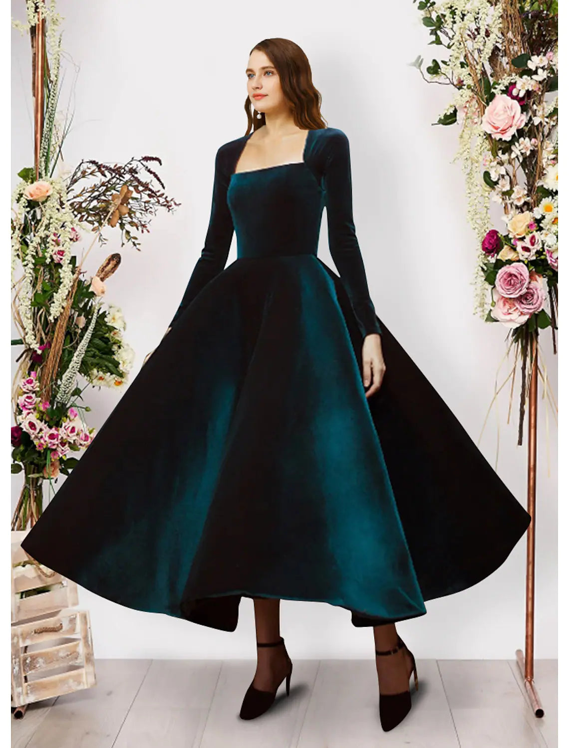 Chic And Trendy Ball Gown Evening Gown Vintage Dress Prom Ankle Length Long Sleeve Square Neck Velvet with