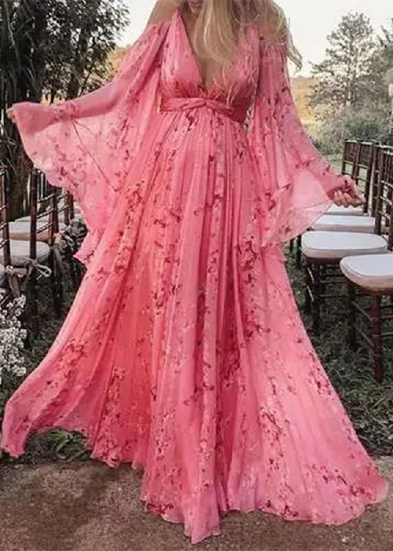 Early Access To Art Deco Styles Sale Loose Pink V Neck Wrinkled Print Chiffon Maxi Dresses Batwing Sleeve