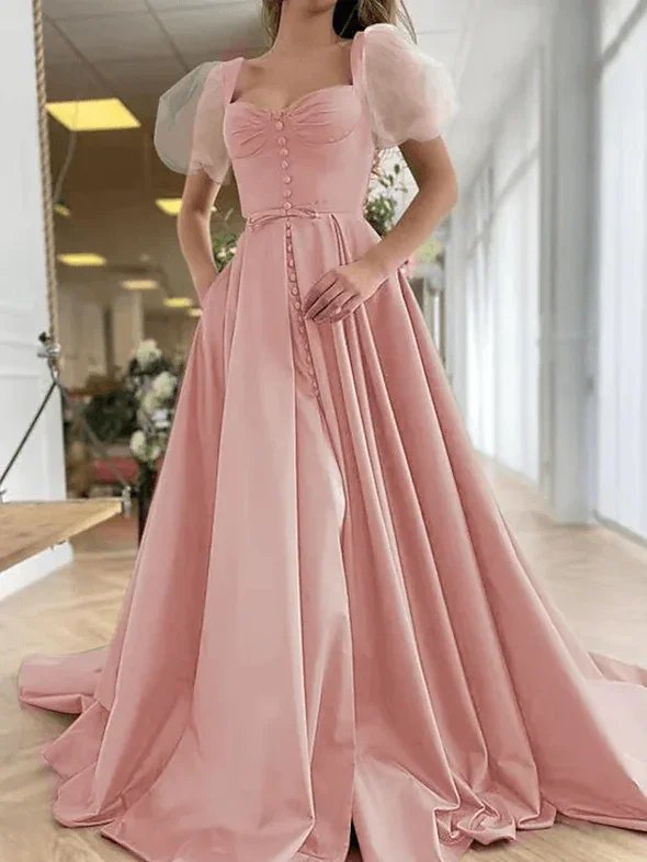 Exclusive Discount A-Line Elegant Vintage Engagement Prom Dress Scoop Neck Short Sleeve Sweep / Brush Train Satin with Pleats Split  gh1841