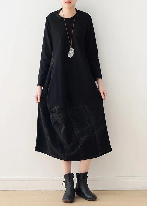 Relaxed Style Beautiful black cotton quilting dresses o neck patchwork Maxi Dress