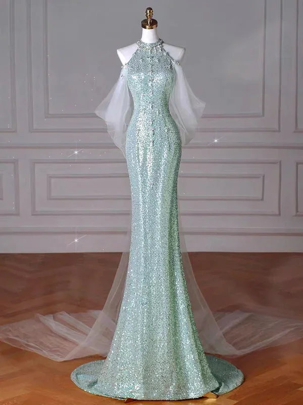 Trend Forward Threads Mint Green Sequins Removable Sleeves Halter Long Prom Gown, Formal Dresses  MD7241