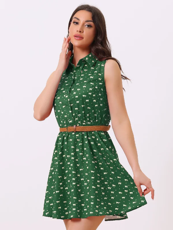 Elegant Style Sleeveless Printed Half Placket Above Knee Belted Dress