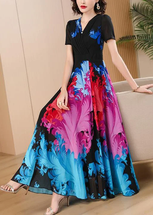 Mid - Week Surprise Elegant Black V Neck Print High Waist Chiffon Maxi Dresses Summer