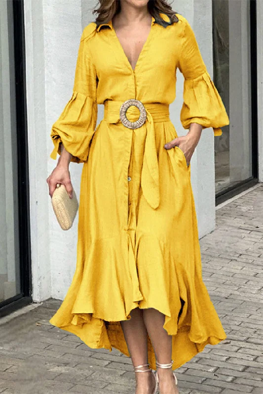 Feminine Soft - Hued Look Solid Color Commuting Belted High Low Ruffles Midi Dress