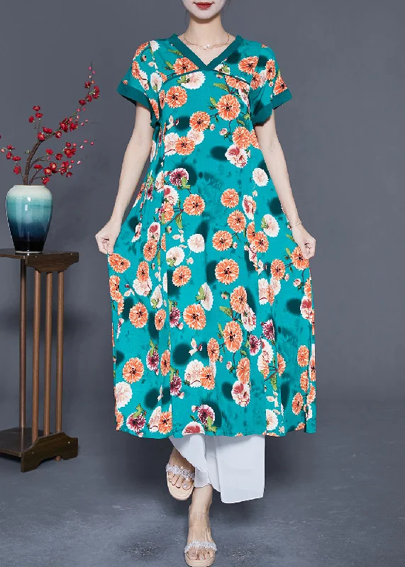 New Arrivals Loose Green V Neck Print Cotton Maxi Dress Summer