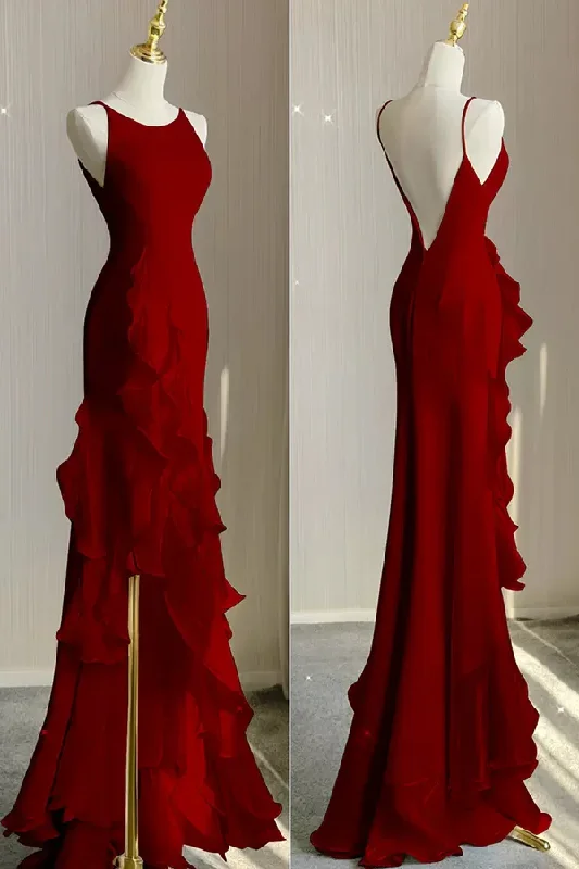 Trendy Street Style Attire Wine Red Mermaid Prom Gown with Ruffles, Spaghetti Straps Backless Dress MD7292