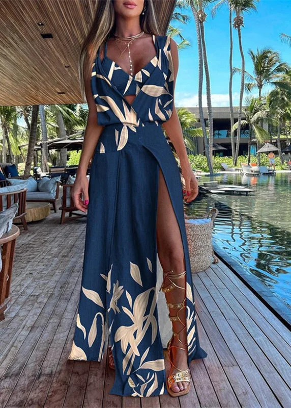 Casual Chic Clothing Italian Navy Blue V Neck Asymmetrical Print Tunic Side Open Maxi Dress Summer