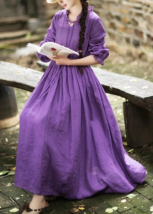 Season Sale Women O Neck Ruffles Spring Dress Neckline Purple Maxi Dresses