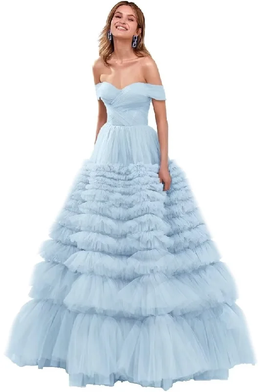 Stylish Savings 2 - ssb powder blue off the shoulder tiered tulle gown