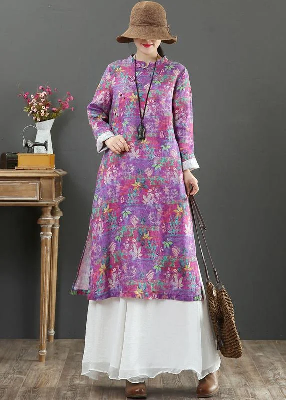 Exclusive Sale Beautiful Stand Collar Chinese Button Spring Outfit Catwalk Purple Print Maxi Dresses