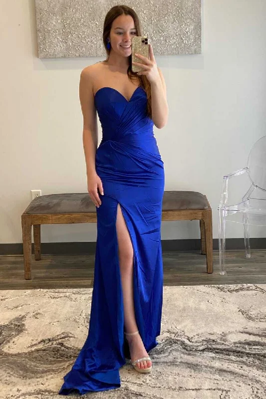 Dive Into Trendy Styles Royal Blue Sweetheart Satin Long Formal Dress with Slit   gh2376