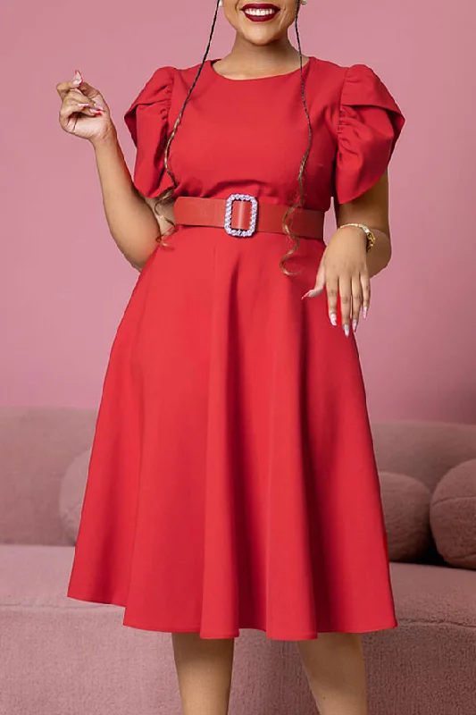 Exclusive Sale Solid Color Classic Belted A-Line Midi Dress