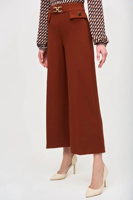 Bold Silhouette Scuba Crepe Wide-Leg Pull-On Cropped Pants In Cinnamon