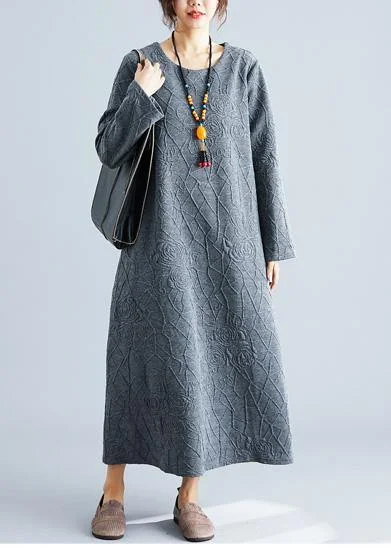 Seasonal Trend DIY o neck jacquard cotton tunic dress Catwalk gray Maxi Dress fall