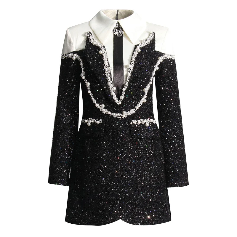 Premium Fashion Opulent Crystal Satin Tie Long Sleeve Pearl Sequin Hybrid Tweed Mini Dress