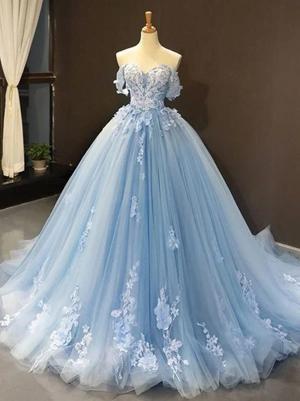 Versatile Wardrobe Essentials Ball Gown Tulle Off-the-Shoulder Sleeveless Applique Sweep/Brush Train Dresses M5205