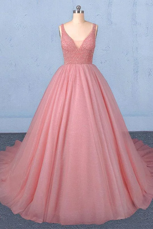 Budget-Friendly Fashion Ball Gown V Neck Tulle Prom Dress with Beads, Puffy Sleeveless Quinceanera Dresses M1850