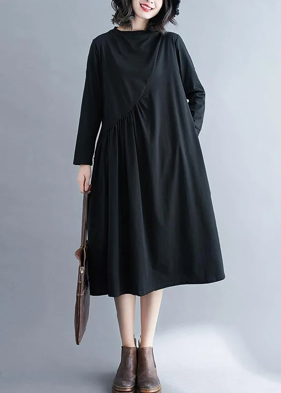 Boutique Styles Elegant O Neck Wrinkled Spring Tunics Outfits Black Maxi Dress