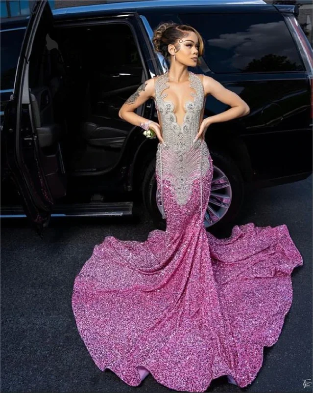 Imeless Style Pink Velvet Sequin Silver Crystal Tassel Prom Dress Luxury Black Girls Mermaid Cocktail Dresses Wedding Dress Africa robe de bal