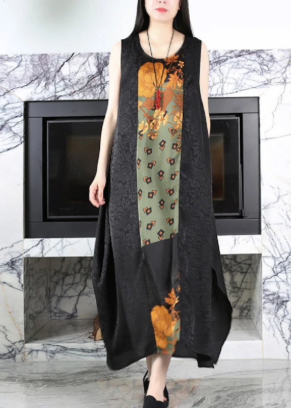 High End Designer Brands Discount Casual Black O-Neck Print Side Open Silk Maxi Dress Summer