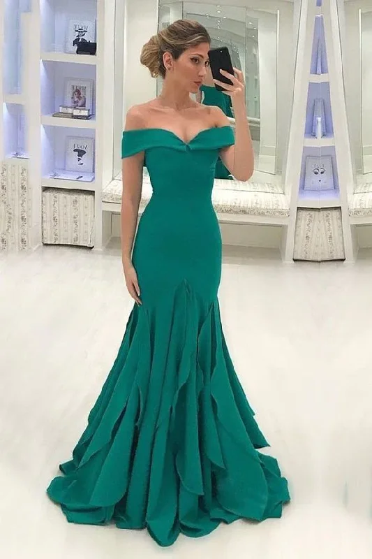 Stay Ahead In Style Green Off Shoulder Sleeveless Satin Prom Dresses Mermaid Evening Dresses  gh2368