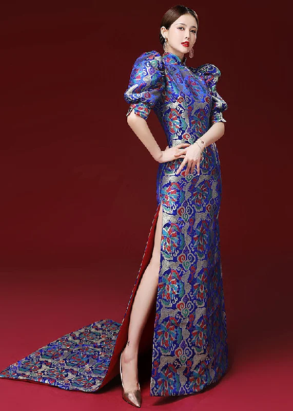 Classic Timeless Elegant Style Women Royal Blue Embroidered Side Open Silk Mopping Maxi Dresses Puff Sleeve