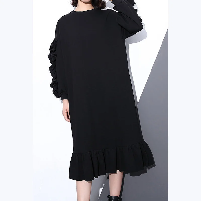 Grab Romantic Date - Night Styles Now boutique black autumn cotton dress trendy plus size O neck cotton clothing dress 2018 long sleeve Cinched maxi dresses