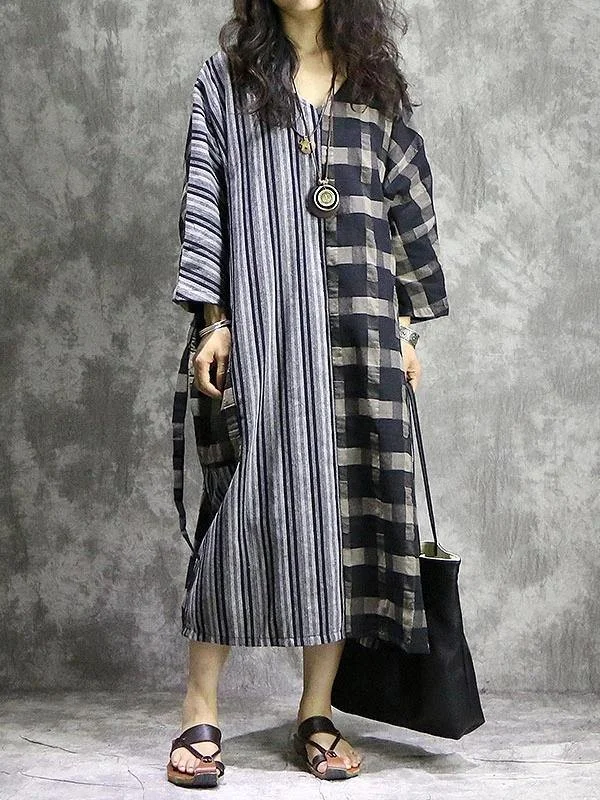 Sophisticated Style DIY Plaid patchwork striped cotton linen quilting dresses v neck pockets Maxi Dress