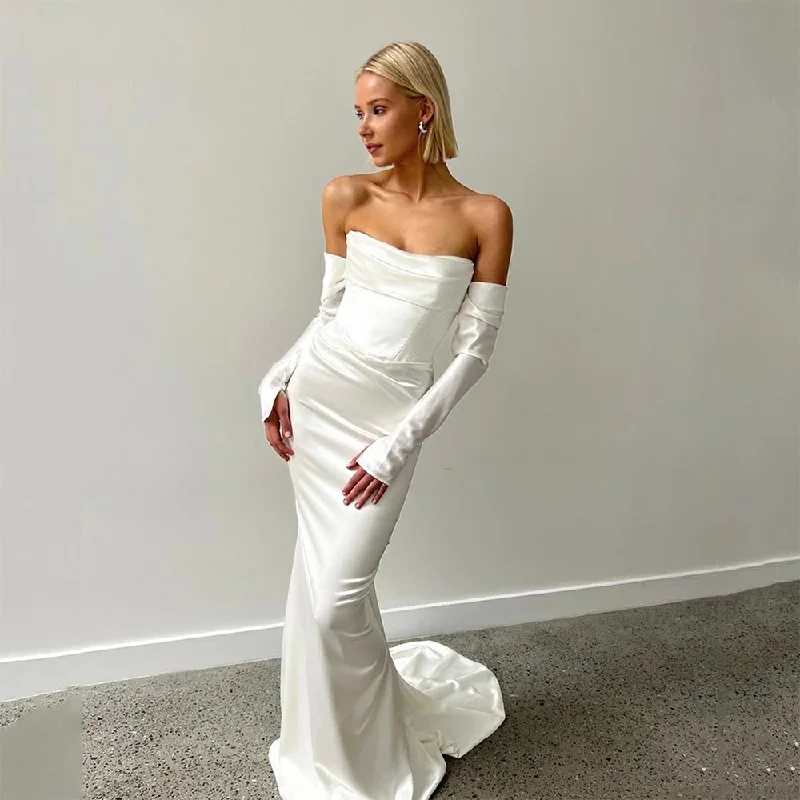 Trendy And Individual Women's Fashion Mermaid Satin Wedding Dress Long Sleeve Pelats Simple Bride Dresses Women Wedding Gown