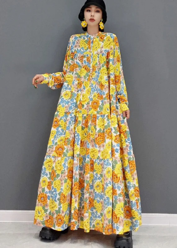 Sale Event, Prices Rock French Yellow Print Exra Large Hem Cotton Maxi Dresses Long Sleeve