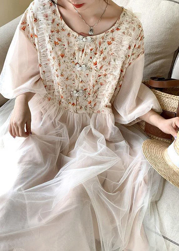 Crazy Price Slashing Beautiful Apricot O-Neck Embroideried Tulle Patchwork Maxi Dresses Half Sleeve