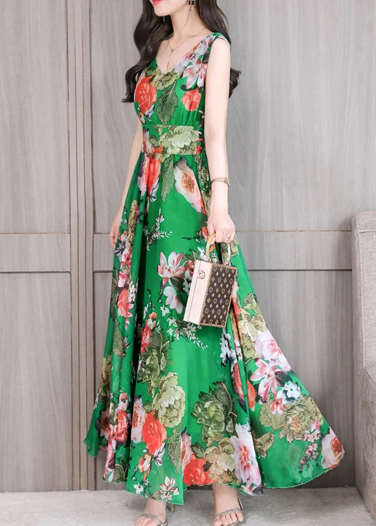 Dreamy Aesthetic Green Slim Chiffon Maxi Dress Sleeveless